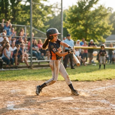 Candid shot of a child swinging a baseball bat at a local community park diamond, soft daylight, 35mm