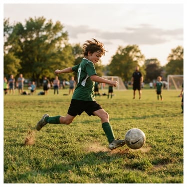Candid shot of a young soccer player in a green jersey kicking a ball on an Ohio public field, golden hour light, 35mm