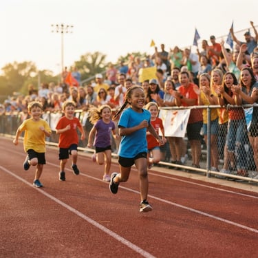 Candid shot of kids running a friendly race on a high school track, cheering families in the background, 35mm