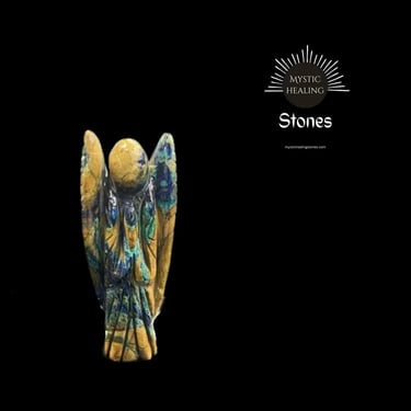 Hand-carved blue and yellow azurite malachite crystal angel figurine for healing and spiritual wellness.