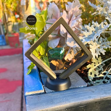 Polished green malachite crystal displayed in a black floating frame among garden flowers.