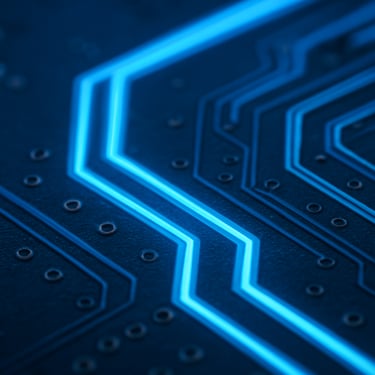 Tight macro crop of a glowing blue circuit board trace, clean lines, technical and precise studio lighting