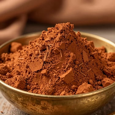 Vibrant terracotta raw pigment powder piled high in a rustic brass bowl, warm side-light, macro texture, 35mm