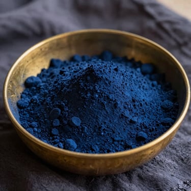 Deep indigo dye powder in a weathered brass bowl, soft natural side-light, fine powder texture, 35mm