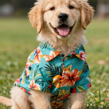 Un golden retrevier, vestido con una camisa tropical 