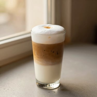 A tall glass of layered iced Spanish latte with condensed milk at the bottom, espresso in the middle, and cold milk foam, warm side-lighting, 35mm