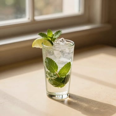 A classic mint mojito with clear sparkling soda, crushed ice, lime wedges, and abundant fresh mint, casting soft shadows on a cream surface, 35mm
