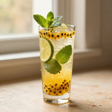 A vibrant yellow passion fruit mojito in a tall condensation-beaded glass, fresh mint leaves, lime wheels, and passion fruit seeds floating, 35mm