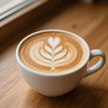 A hot vanilla latte in a ceramic cup with elegant tulip latte art, rich crema, warm wooden tabletop background, 35mm