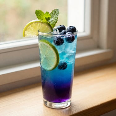 An electric blue and purple blueberry mojito built with Red Bull, fresh blueberries, lime slices, and mint leaves, high contrast lighting, 35mm