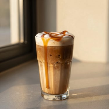 An iced caramel latte with a thick drizzle of house-made salted caramel sauce running down the inside of the glass, golden hour light, 35mm
