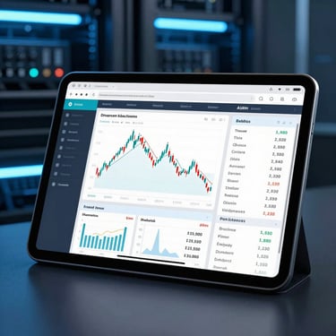 Crisp technical mockup of a financial dashboard on a tablet, cool blue LED lighting, sharp focus, 35mm