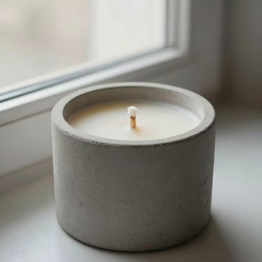 Minimalist concrete vessel candle, cream wax, single cotton wick, soft window light.