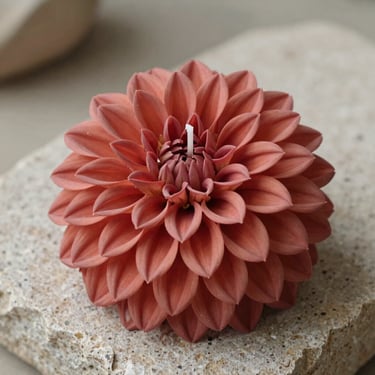 Macro shot of a wax dahlia candle, muted terracotta tone, styled on raw stone.