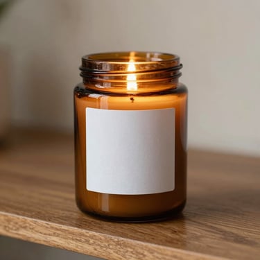 Clear amber glass jar candle, minimalist white label, warm glow on a wooden shelf.