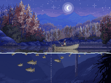 Moonlit fishing scene with view of fish underwater in the lower half 