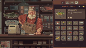 Small fishing shop counter, manned by a friendly man with white beard. 