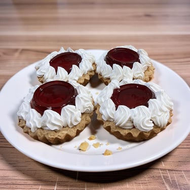 Cuatro mini tartas de frutas con centros de gelatina roja y glaseado de crema batida en un plato bla