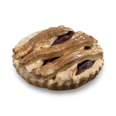 Freshly baked fruit tart with a golden-brown lattice crust and jam filling on a black background.
