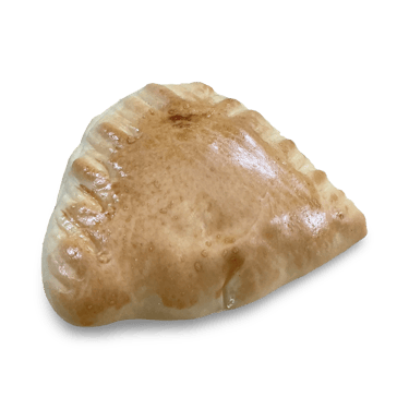Golden brown triangular savory pastry with crimped edges on a black background.