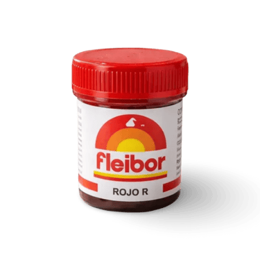 Un pequeño frasco de pasta de colorante alimentario profesional Fleibor Rojo R con un tapón de rosca