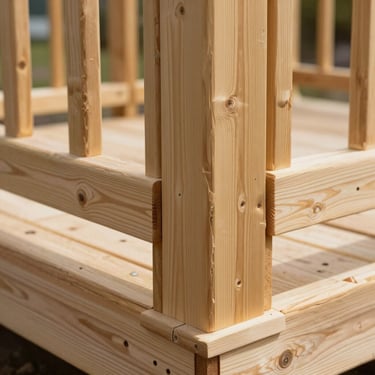 Close-up of tight, clean joints on a newly constructed pressure-treated wood deck railing