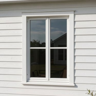 Clean modern double-hung window installed perfectly into white wood siding, reflecting bright daylight