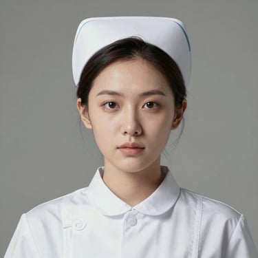 Studio-lit headshot of a woman in her thirties wearing a nurse's uniform, direct gaze, soft neutral background, professional lighting, honest and composed expression