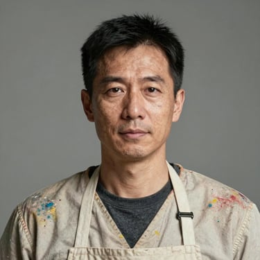 Studio-lit headshot of a man in his forties with paint-stained work apron, direct gaze, neutral background, authentic professional studio lighting, no smile pose