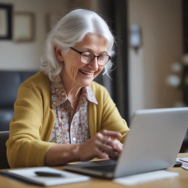 A diverse group of people engaged in an online learning session, smiling and focused.