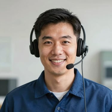 Professional headshot of a friendly car support technician wearing a headset, smiling, bright natural daylight, clean neutral background.