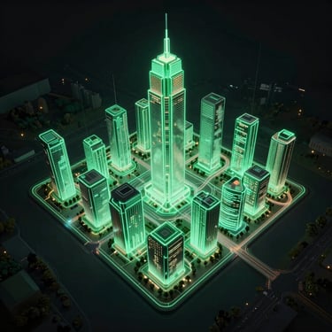 Aerial cinematic view of a holographic smart city model suspended in darkness, neon-green light tracing building outlines and infrastructure networks, no people, deep shadow surrounds