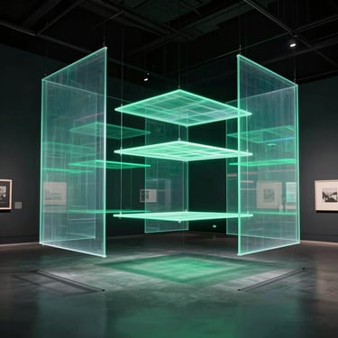 Dark exhibition hall with a volumetric walkthrough active — translucent holographic architecture panels floating at room scale, neon-green light planes defining the spatial layers, empty room