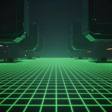 Wide-angle view of a dark metaverse environment — floating architectural geometry, neon-green grid planes receding to the horizon, zero human presence, cinematic depth-of-field haze