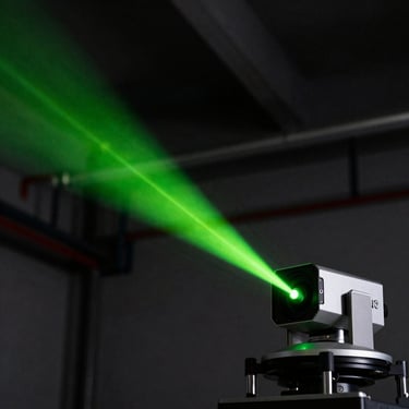 Close-up architectural detail of a LiDAR scanner head, neon-green laser plane cutting across a dark industrial surface, cinematic side-lighting with deep shadow geometry