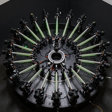 Wide-angle interior of a photogrammetry capture rig, dozens of precision camera arms arranged in a dark circular chamber, neon-green accent lights tracing the rig geometry