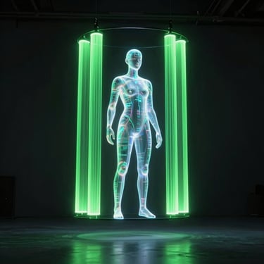 Empty dark studio with a single holographic digital persona projected in mid-air, neon-green volumetric light columns framing the figure, no human face visible, cinematic uplighting