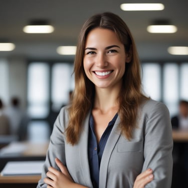 Portrait of a smiling woman in a modern office setting