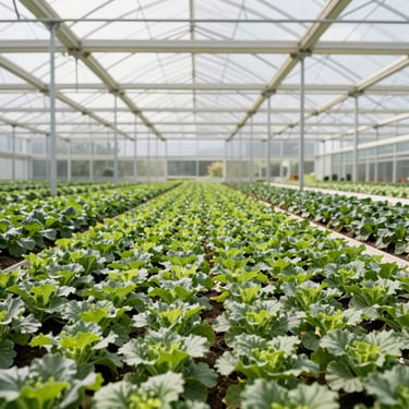 Clean automated agricultural greenhouse with rows of vibrant green crops under bright natural daylight, wide architectural lens