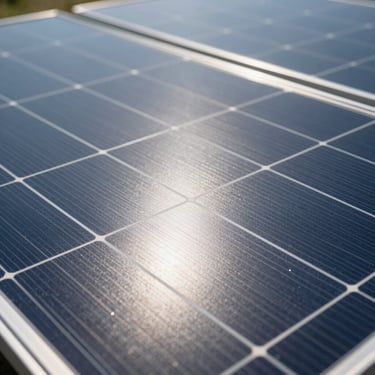 Close-up macro photograph of solar panel silicon cells, high clarity, bright natural daylight reflecting off the grid lines