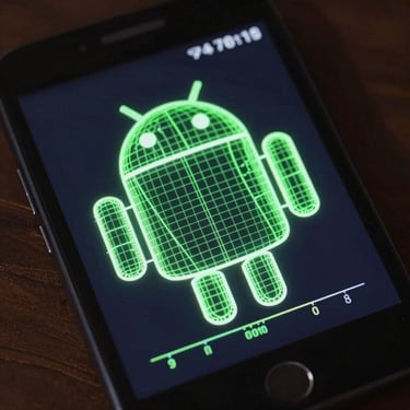 Top-down orthographic schematic of an Android device interface, showing glowing green wireframe lines and precise technical measurements on a dark screen