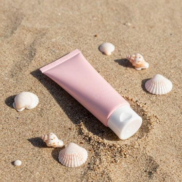 A tube of natural sunscreen lying on warm sand beside small seashells, bright Baja coastal sunlight, soft shadows