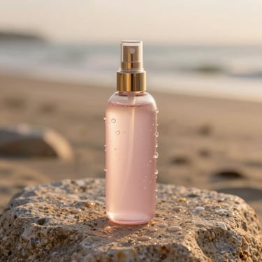 A luxurious glass spray bottle of rose toner on a sun-drenched stone, macro shot of water droplets, warm golden-hour light