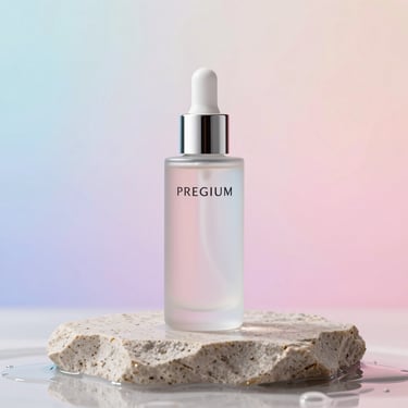 Premium cosmetic bottle on a wet stone pedestal, soft studio lighting, pastel gradient background, 8k render