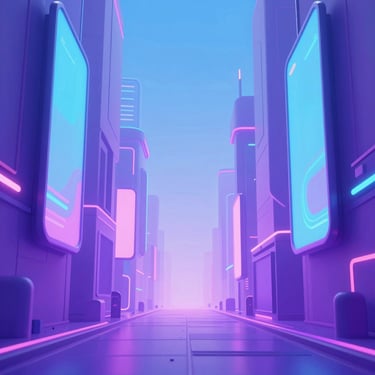 Vibrant neon-drenched cyberpunk alleyway, soft purple and sky blue holographic advertisements, ultra-sharp digital art
