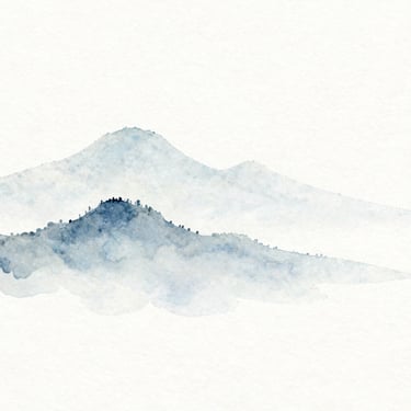 Minimalist landscape of misty mountains, soft watercolor washes, delicate paper texture, pastel ink tones
