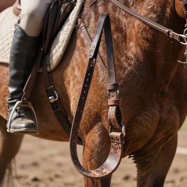 A detailed close-up shot of weathered leather tack and reins held firmly by a rider in a dusty arena, sunlight highlighting the horse's neck muscle.