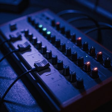 Analog synthesizer knobs and patch cables glowing under soft indigo light, atmospheric studio setting