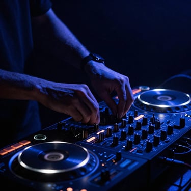 Hands adjusting a professional DJ mixer in a dark booth, high-contrast shadows, blue backlighting