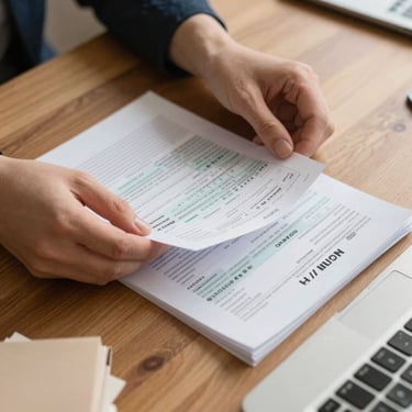 Close-up of hands organizing tax documents and receipts on a warm wooden table, soft natural side lighting, highly organized and professional setting.